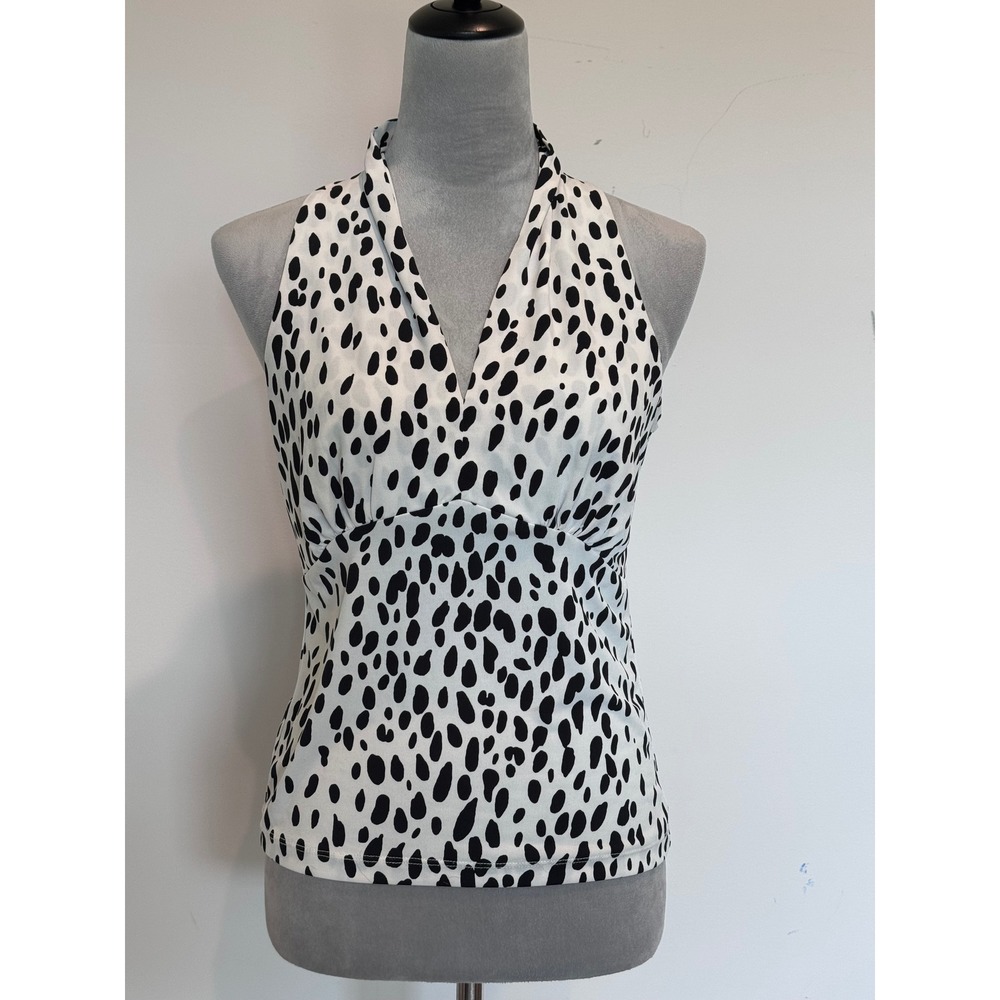 Rafaella Womens Dalmatian Print Halter Top V-Neck Blouse Black White Small